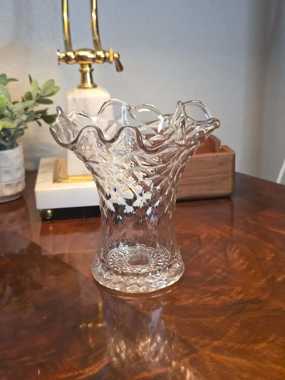 Antique Jefferson Glass Clear Pressed Glass Diamond and Thumbprint Ruffled Vase